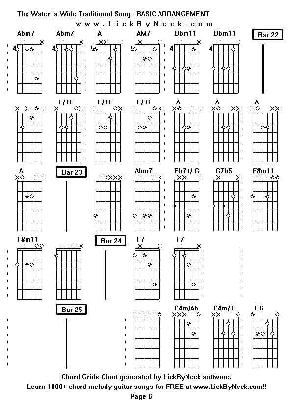 Chord Grids Chart of chord melody fingerstyle guitar song-The Water Is Wide-Traditional Song - BASIC ARRANGEMENT,generated by LickByNeck software.